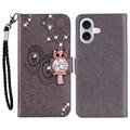 iPhone 16 Uil Strass Portemonnee Hoesje - Grijs