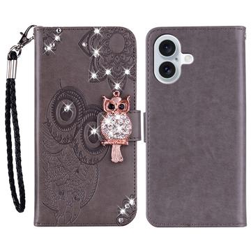 iPhone 16 Uil Strass Portemonnee Hoesje - Grijs