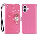 iPhone 16 Uil Strass Portemonnee Hoesje - Hot Pink