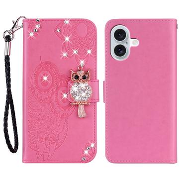 iPhone 16 Uil Strass Portemonnee Hoesje - Hot Pink