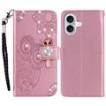iPhone 16 Uil Strass Portemonnee Hoesje - Roségoud