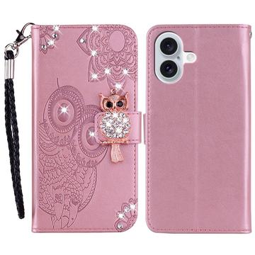 iPhone 16 Uil Strass Portemonnee Hoesje - Roségoud