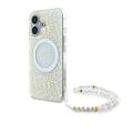 iPhone 16 Plus Guess IML Bloemen Allover Electro Hoesje met Parelband - MagSafe Compatibel - Wit
