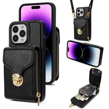 iPhone 16 Pro alles-in-één hoesje met portemonnee en riem - zwart