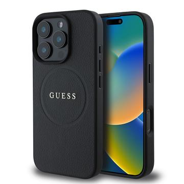 iPhone 16 Pro Guess Grained Classic Logo Hybride Hoesje - MagSafe-compatibel - Zwart