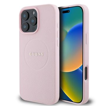 iPhone 16 Pro Guess Grained Classic Logo Hybride Hoesje - MagSafe-compatibel - Roze