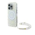 iPhone 16 Pro Guess IML Bloemen Allover Electro Hoesje met Parelband - MagSafe Compatibel - Wit