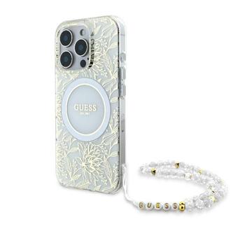 iPhone 16 Pro Guess IML Bloemen Allover Electro Hoesje met Parelband - MagSafe Compatibel - Wit