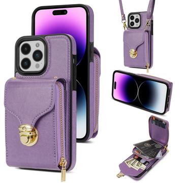 iPhone 16 Pro Max alles-in-één hoesje met portemonnee en riem - paars
