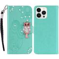 iPhone 16 Pro Max Uil Strass Portemonnee Hoesje - Cyaan