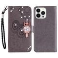 iPhone 16 Pro Max Uil Strass Portemonnee Hoesje - Grijs