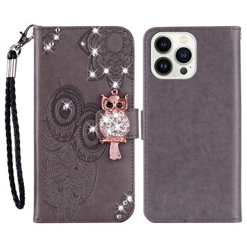 iPhone 16 Pro Max Uil Strass Portemonnee Hoesje - Grijs