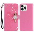iPhone 16 Pro Max Uil Strass Portemonnee Hoesje - Hot Pink