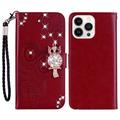 iPhone 16 Pro Max Uil Strass Portemonnee Hoesje - Rood