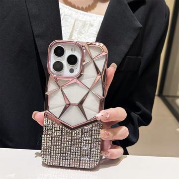 iPhone 16 Pro Max Strass Geometrisch Diamantpatroon Hoesje - Roze