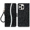 iPhone 16 Pro Max Stijlvol Glitter Portemonnee Hoesje - Zwart