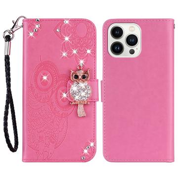 iPhone 16 Pro Uil Strass Portemonnee Hoesje - Hot Pink
