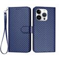 iPhone 16 Pro Premium Portemonnee Hoesje met Riem - Koolstofvezel Textuur - Koolstofblauw