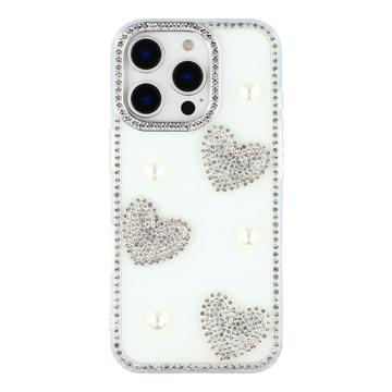 iPhone 16 Pro Sprankelende Liefde en Parel Hybride Hoesje - Wit