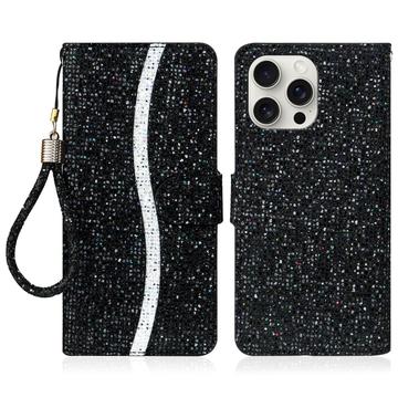 iPhone 16 Pro Stijlvol Glitter Portemonnee Hoesje - Zwart
