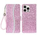 iPhone 16 Pro Stijlvol Glitter Portemonnee Hoesje - Roze
