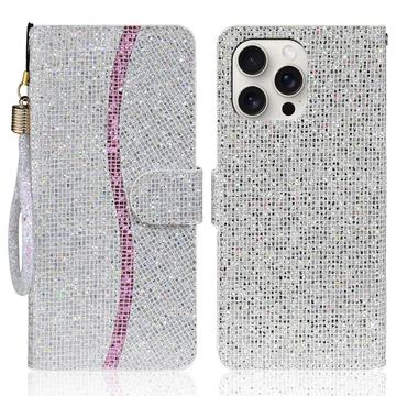 iPhone 16 Pro Stijlvol Glitter Portemonnee Hoesje - Zilver