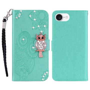 iPhone 16e Uil Strass Portemonnee Hoesje - Cyan