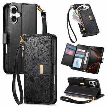 iPhone 17 Portemonnee Hoesje met bloemen en bladmotief met Ritszakje & Polsband