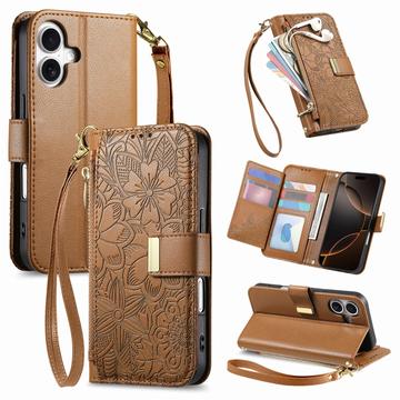 iPhone 17 Portemonnee Hoesje met bloemen en bladmotief met Ritszakje & Polsband - Bruin