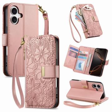 iPhone 17 Portemonnee Hoesje met bloemen en bladmotief met Ritszakje & Polsband - Roze