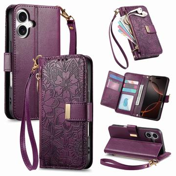 iPhone 17 Portemonnee Hoesje met bloemen en bladmotief met Ritszakje & Polsband - Paars
