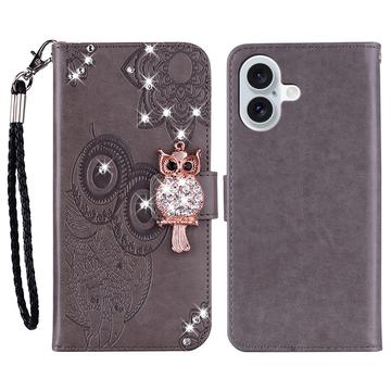 iPhone 17 Uil Strass Portemonnee Hoesje - Grijs