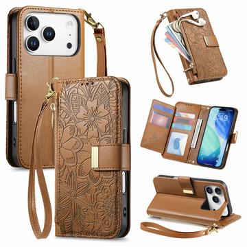 iPhone 17 Pro Portemonnee Hoesje met bloemen en bladmotief met Ritszakje & Polsband - Bruin