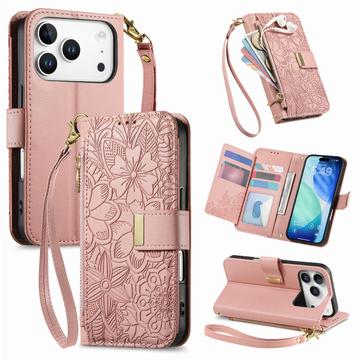 iPhone 17 Pro Portemonnee Hoesje met bloemen en bladmotief met Ritszakje & Polsband - Roze