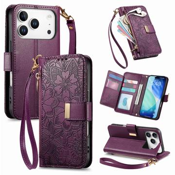 iPhone 17 Pro Portemonnee Hoesje met bloemen en bladmotief met Ritszakje & Polsband - Paars