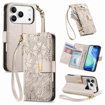 iPhone 17 Pro Portemonnee Hoesje met bloemen en bladmotief met Ritszakje & Polsband - Wit