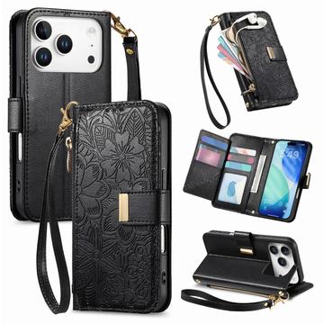 iPhone 17 Pro Max Portemonnee Hoesje met bloemen en bladmotief met Ritszakje & Polsband