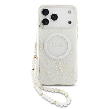 iPhone 17 Pro Max Guess IML Bloemen Allover Electro Hoesje met Parelband - MagSafe Compatibel - Wit