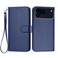 iPhone 17 Pro Max Premium Portemonnee Hoesje met Riem - Koolstofvezel Textuur - Koolstofblauw