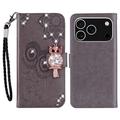 iPhone 17 Pro Uil Strass Portemonnee Hoesje - Grijs