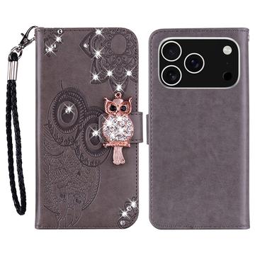 iPhone 17 Pro Uil Strass Portemonnee Hoesje - Grijs