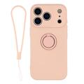 iPhone 18 Pro Max Hoesje van vloeibaar siliconen met ringhouder en polsbandje - roze