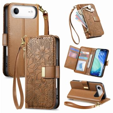 iPhone Air Portemonnee Hoesje met bloemen en bladmotief met Ritszakje & Polsband - Bruin