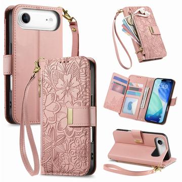 iPhone Air Portemonnee Hoesje met bloemen en bladmotief met Ritszakje & Polsband - Roze