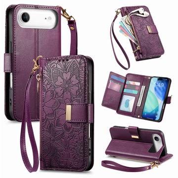 iPhone Air Portemonnee Hoesje met bloemen en bladmotief met Ritszakje & Polsband - Paars